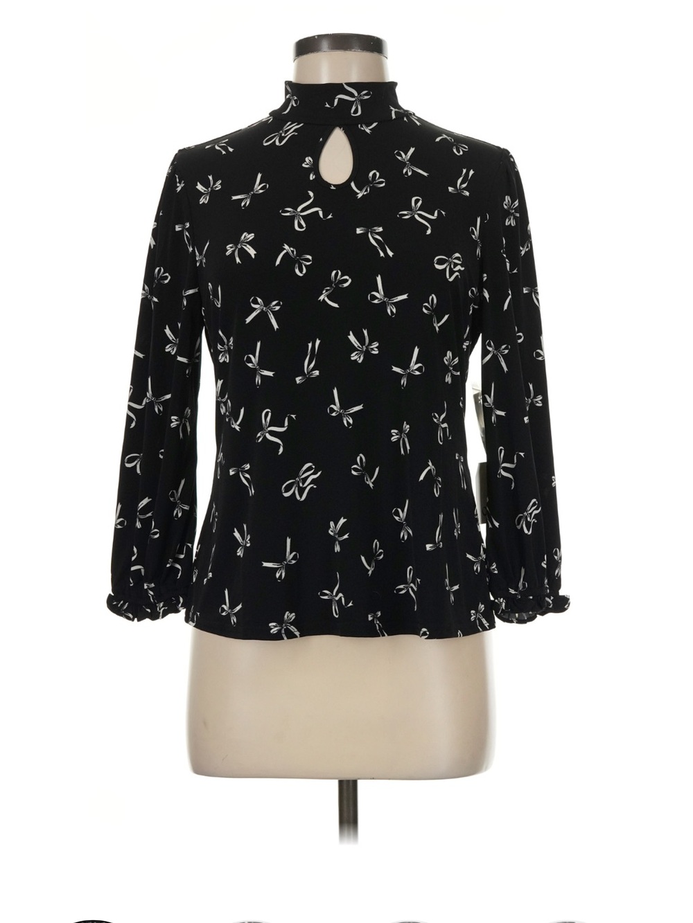 NWT CeCe Black Keyhole Neck Long-Sleeve Top with White Bow Print Size L